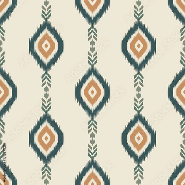 Fototapeta Seamless Ikat pattern in earthy beige, brown, and deep green with a woven texture effect. Ideal for fabric prints, traditional textile art, ethnic fashion, upholstery, and rustic home decor themes.