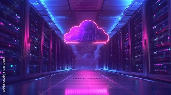 Obraz Data Cloud in server room: A futuristic data server room illuminated with neon lights, showcasing a luminous cloud symbol floating, symbolizing modern cloud computing and data storage.