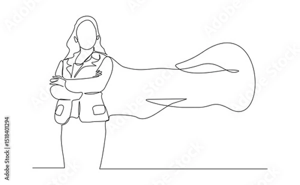 Obraz Continuous single one line drawing of flying business super hero woman. Vector illustration concept of power employee, success achievement, business hero leader