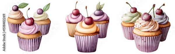 Fototapeta Set of various cupcakes with berries watercolor isolated on transparent background