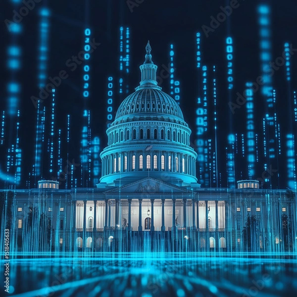 Obraz financial data, government building. A futuristic view of the Capitol building with blue data streams, symbolizing technology and governance at night.