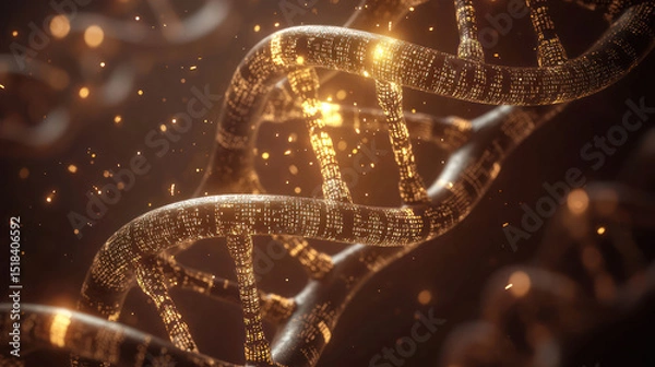 Fototapeta A close-up of a magnified DNA strand, glowing softly with digital data overlays symbolizing genetic research