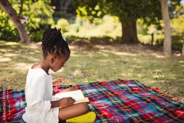 Fototapeta Child is reading book on colorful plaid blanket on shaded grass under trees with dappled sunlight