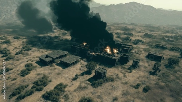 Obraz Abandoned village on fire with thick smoke rising in arid desert landscape