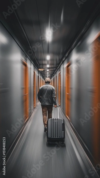 Obraz Traveler with suitcase walking through dim airport corridor..