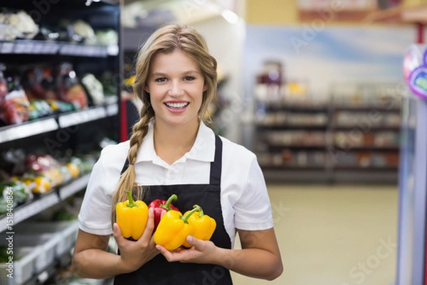 Obraz Smiling female store worker wearing black apron over polo in produce aisle holding bell peppers