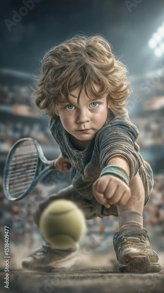 Obraz Little tennis player in action on the court in a packed stadium