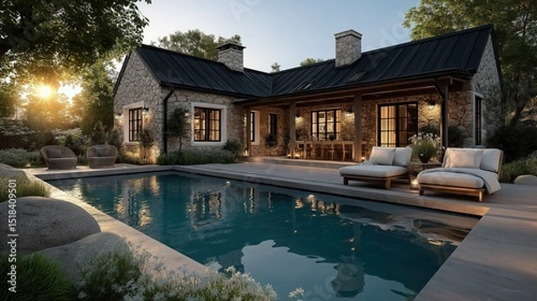 Obraz Cozy stone cottage with pool and garden at sunset