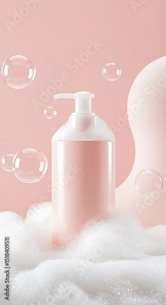 Fototapeta Pink Lotion Bottle on Soft Foam with Bubbles - Clean Beauty Product Mockup