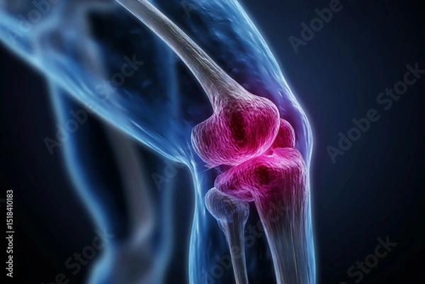 Obraz Close-up of human knee joint, highlighting inflamed area in pink, against a dark blue background, illustrating pain or injury