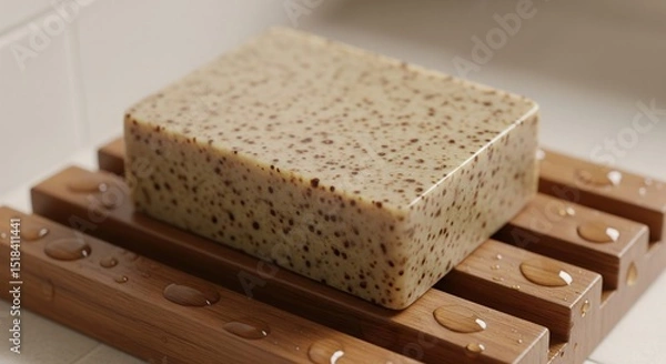 Fototapeta Close-up of exfoliating soap bar with speckled texture on wooden soap dish