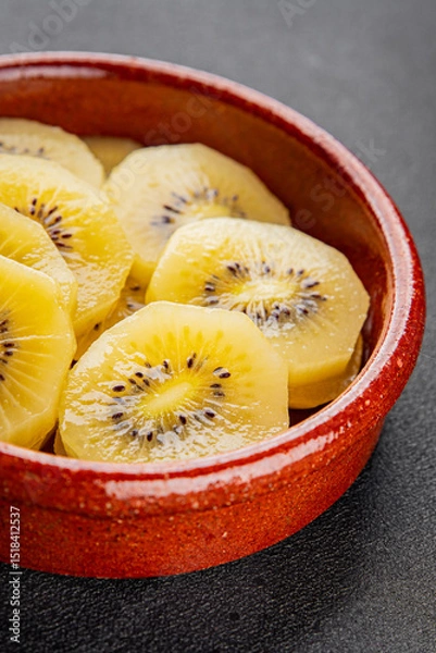 Obraz Kiwi yellow slices tasty fruit fresh delicious gourmet food background on table rustic food top view copy space keto and paleo diet vegan and vegetarian food