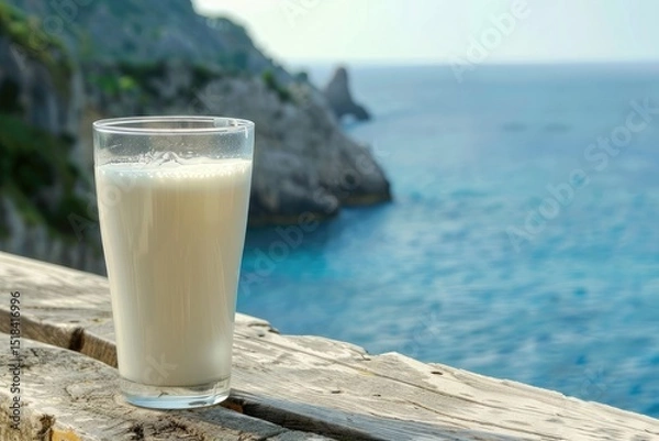 Fototapeta A tall glass of milk is balanced on a ledge by the ocean