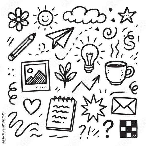 Fototapeta Design a collection of hand-drawn black and white vector sketches and doodles, including everyday objects, abstract patterns, and whimsical illustrations.