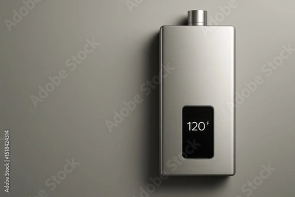 Fototapeta Sleek tankless water heater displaying temperature in a modern interior setting