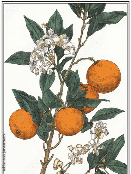 Fototapeta citrus tree with Summer flowers and butterflies, white background, hand drawn style, vintage 