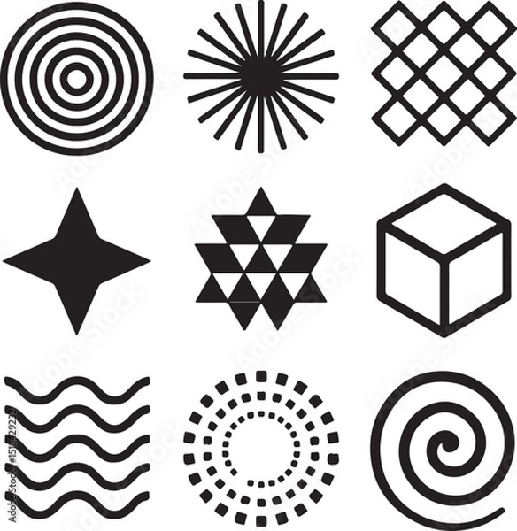 Fototapeta Design a series of black and white vector geometric patterns and shapes, including circles, triangles, and abstract forms.