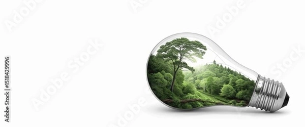 Fototapeta "Eco-friendly concept illustration featuring a glowing bulb blending with a lush forest, symbolizing green energy and sustainability on a clean white background with space for text."