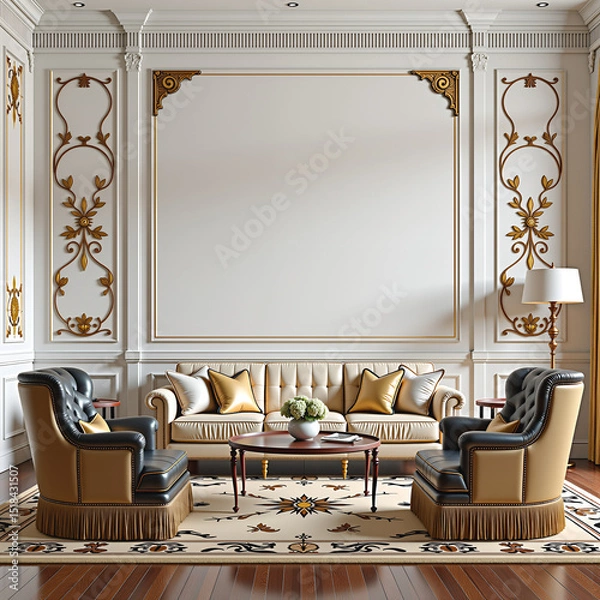 Fototapeta Luxurious classic living room interior, intricate detailing, and decorative wall paneling with vintage-style sconces. The design combines neoclassical elegance with rich patterns and textures, 