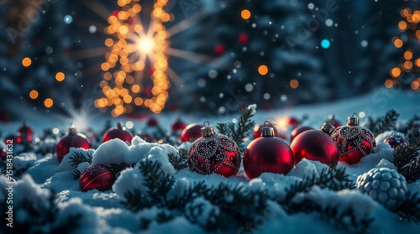 Fototapeta Red christmas balls resting on snow with illuminated christmas tree in the background