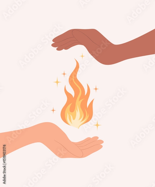 Fototapeta Two hands of different skin tones caring for a flame between them, flat vector illustration