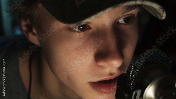 Obraz Close-up portrait of a young person speaking into a microphone.