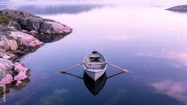 Fototapeta Photo of Rowboat on calm lake reflecting sky and clouds near rocky shore at dawn