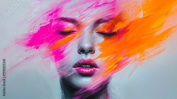 Obraz A blurred, abstract portrait with vibrant pink and orange smears, capturing the central features of a face with fluid, expressive brush strokes.
