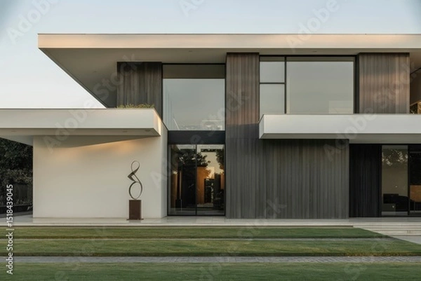 Fototapeta Exterior view of a modern house with sculpture and large windows at daytime