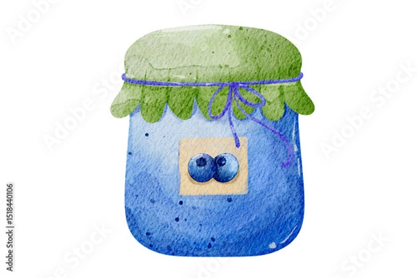 Fototapeta Watercolor Illustration of Blueberry Jam Jar with Rustic Charm