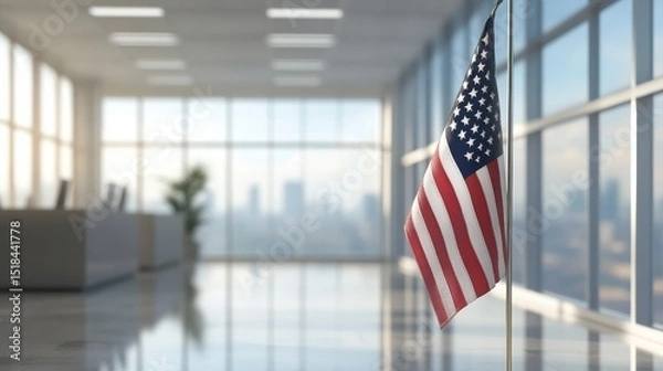 Obraz An American flag hanging from a pole in an office setting, suitable for patriotic or corporate events