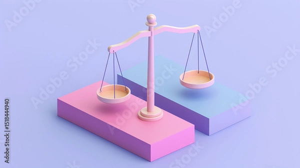 Fototapeta An illustration of balance with pastel colors. A scale sits between a pink platform and a blue platform, representing equality.