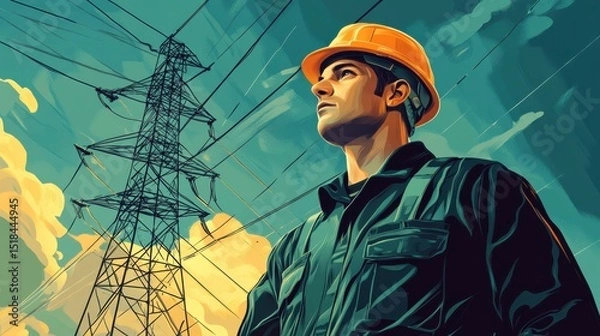 Obraz A man in a helmet and uniform, an electrician in the field. Professional electrician engineer inspects power lines work. illustration , no logos, no brands