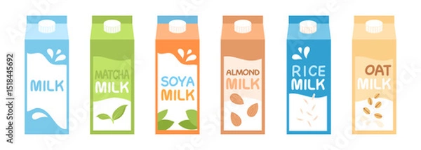 Fototapeta Different types of alternative milk set. Milk packaging in flat style. Oat, soy, rice milk. Almond milk. Matcha.