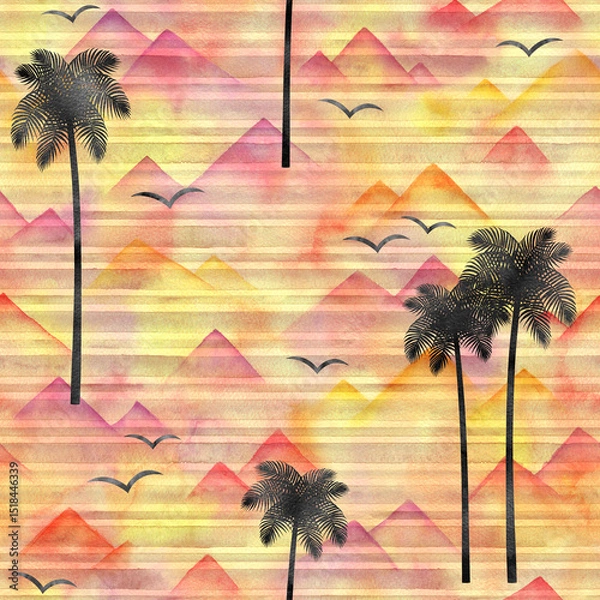 Obraz Watercolor seamless pattern with palm trees on sunset colors background