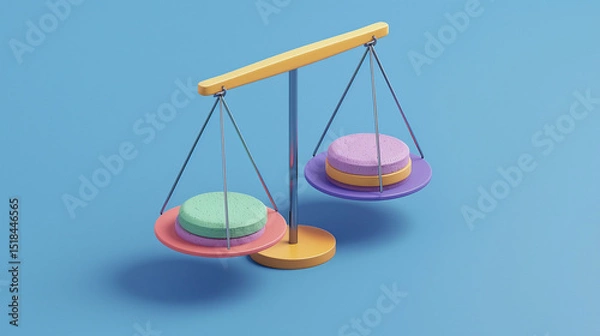Fototapeta A stylized illustration shows a balance scale with colorful weights, suggesting a concept of equilibrium. The image is used for AI-generated content.