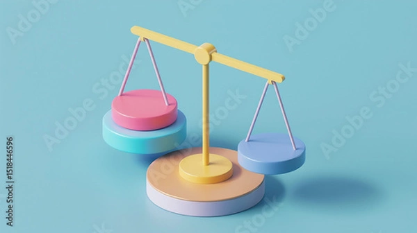 Fototapeta Isometric graphic of a weighing scale, perhaps to represent balance. The scale has a yellow beam, pink left pan, and blue right pan.