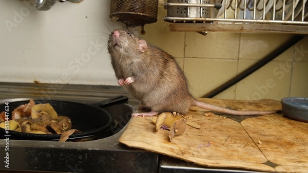 Obraz A large brown rat in the kitchen sink among potato peelings.