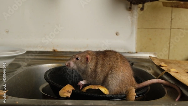 Obraz A large brown rat in the kitchen sink among potato peelings.