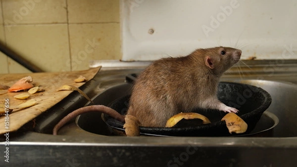 Obraz A large brown rat in the kitchen sink among potato peelings.