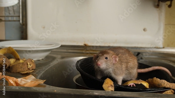 Obraz A large brown rat in the kitchen sink among potato peelings.