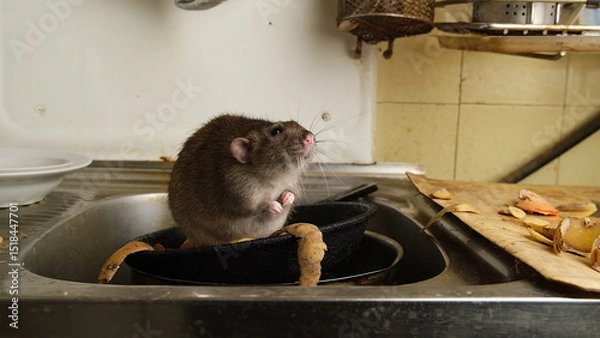 Obraz A large brown rat in the kitchen sink among potato peelings.