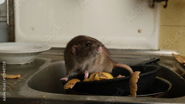 Obraz A large brown rat in the kitchen sink among potato peelings.