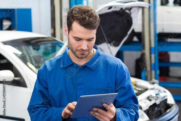 Obraz Male mechanic standing in workshop focusing on tablet with white compact car and lifted vehicle