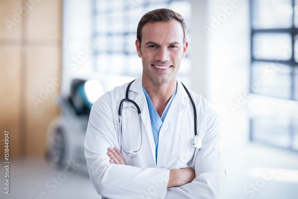 Obraz Doctor standing confidently crossing arms in medical corridor near windows, holding stethoscope