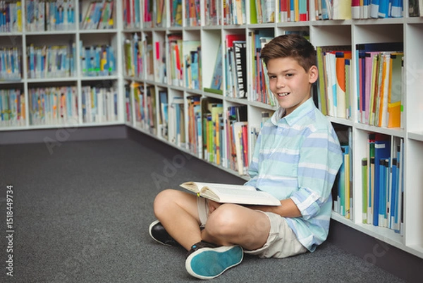 Fototapeta School-age boy sitting cross-legged between tall bookshelves on library carpet reading open book