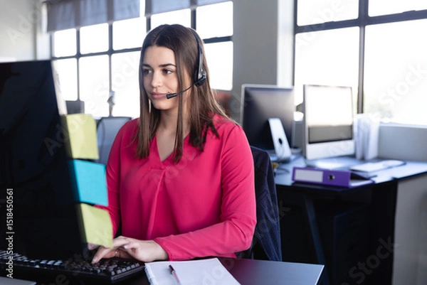 Fototapeta Woman call center agent wearing pink blouse typing on keyboard at office with headset, sticky notes