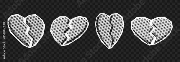 Obraz Vector set of halftone broken hearts png. Halftone broken hearts in retro pop art style for collage. Hearts cut out from newspaper.