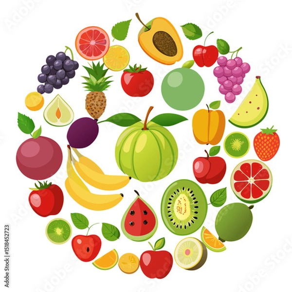 Fototapeta Colorful Variety of Fruits in a Circular Arrangement vibrant circular design showcasing various fruits including slices and whole fruits fruits fruit illustration circular arrangement variety