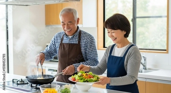 Obraz 日本人シニア夫婦のセカンドライフ・笑顔で料理（老夫婦）